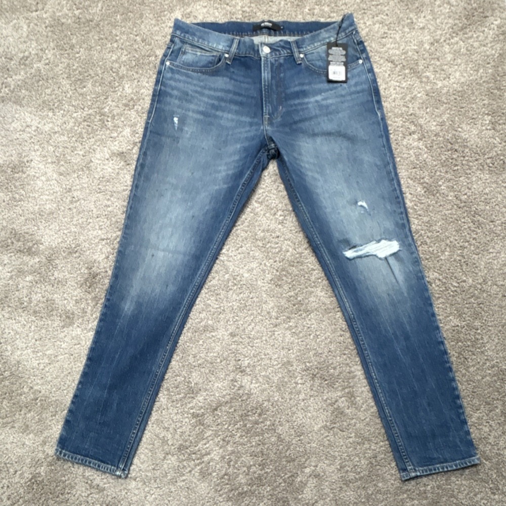 Hudson Men's Slim Straight Blue Medium Wash Distressed Denim Jeans 5-Pocket Logo